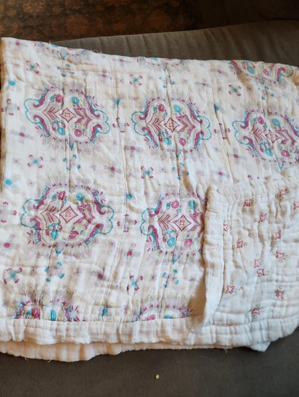 Aden Anais Dream Blanket Cotton Medallion Quilted White Pink & Teal Baby Mandala